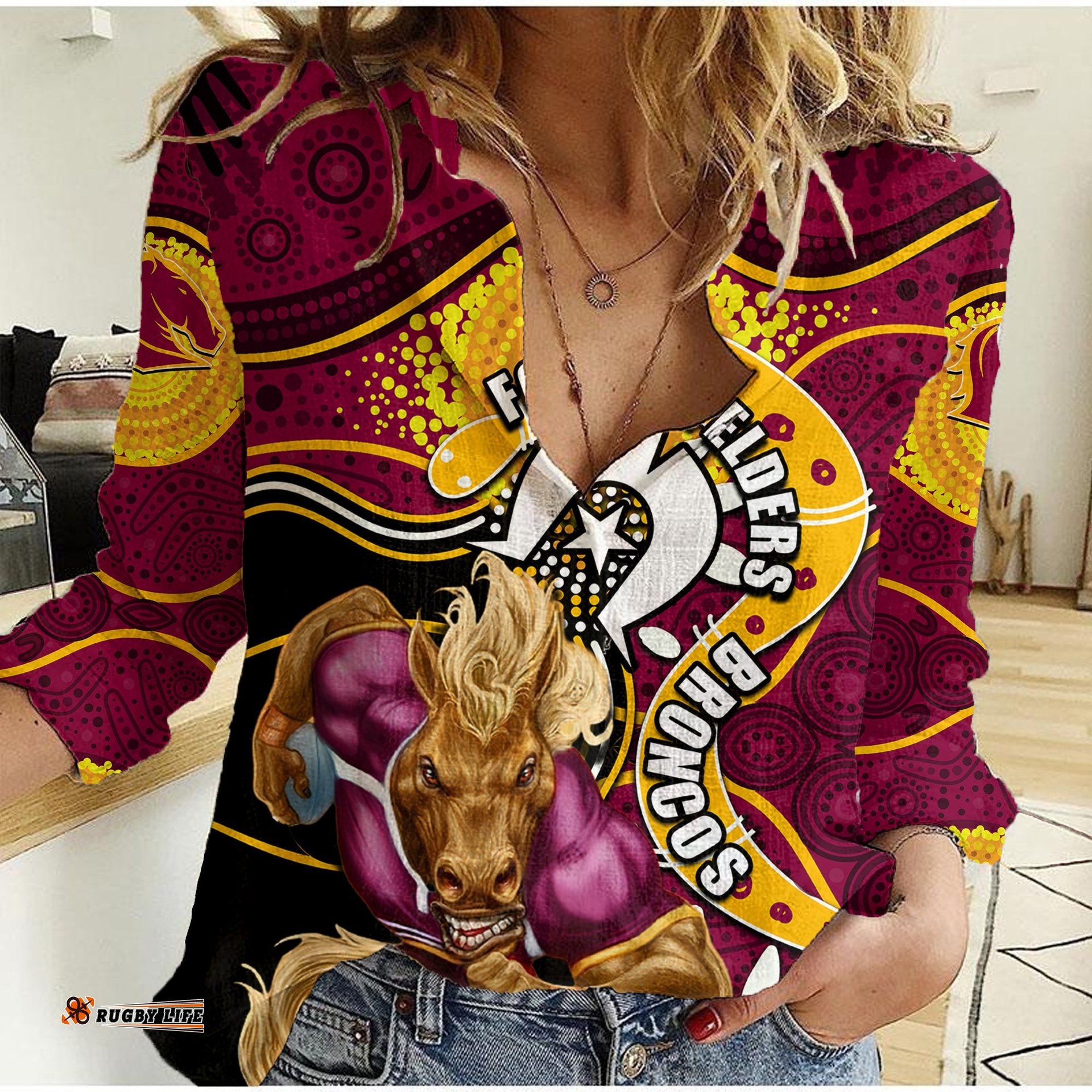Broncos Mascot NRL Women Casual Shirt NAIDOC