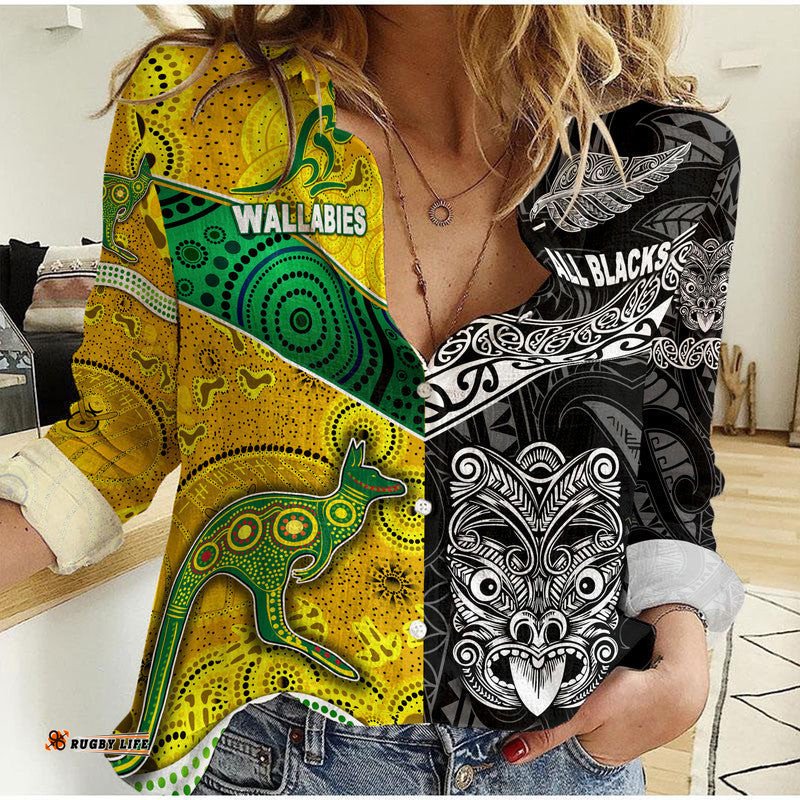 New Zealand Maori All Black And Australia Wallabies Aboriginal Woman Casual Shirt Rugby Together
