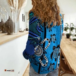 Indigenous Turtle Dot Painting Blue Women Casual Shirt