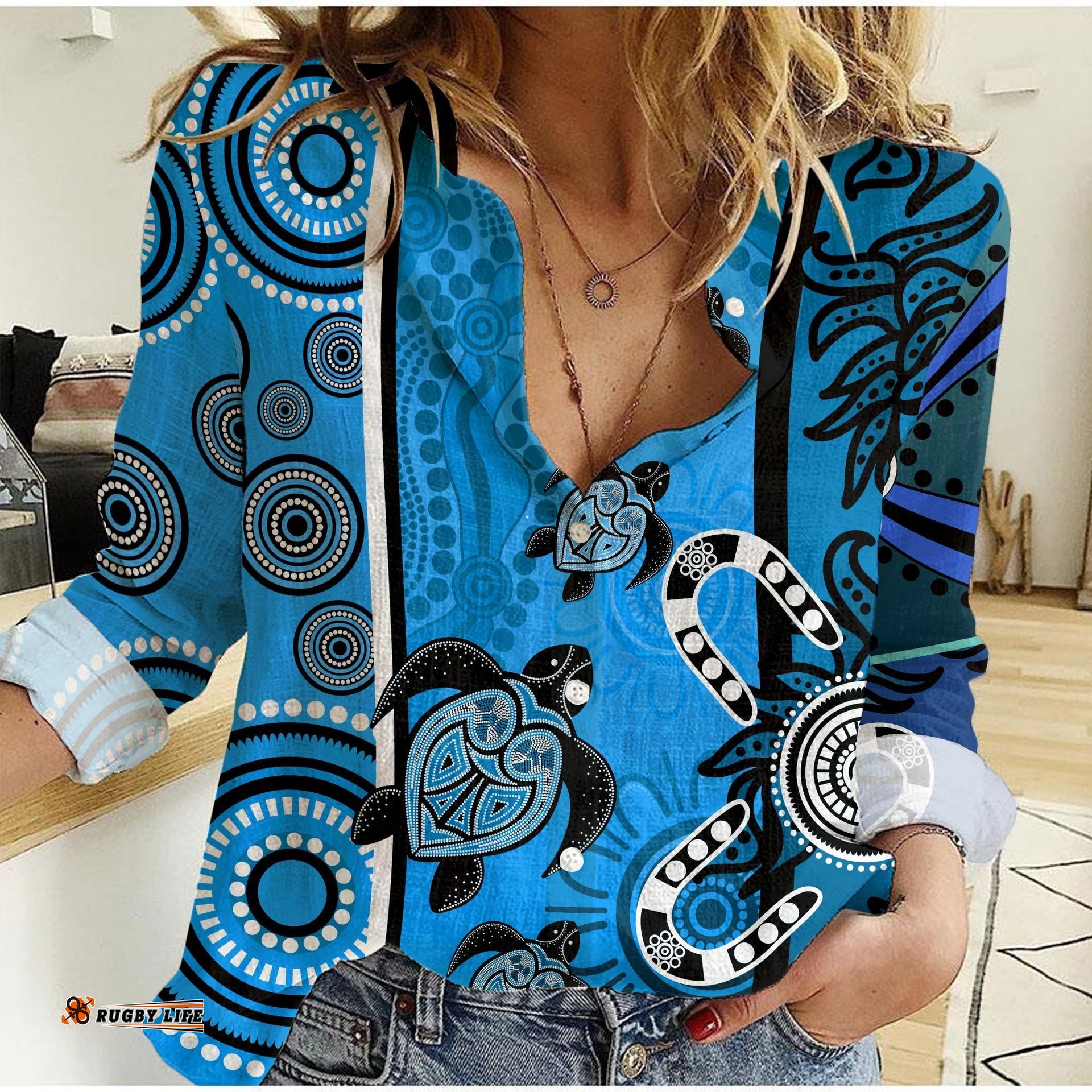 Indigenous Turtle Dot Painting Blue Women Casual Shirt