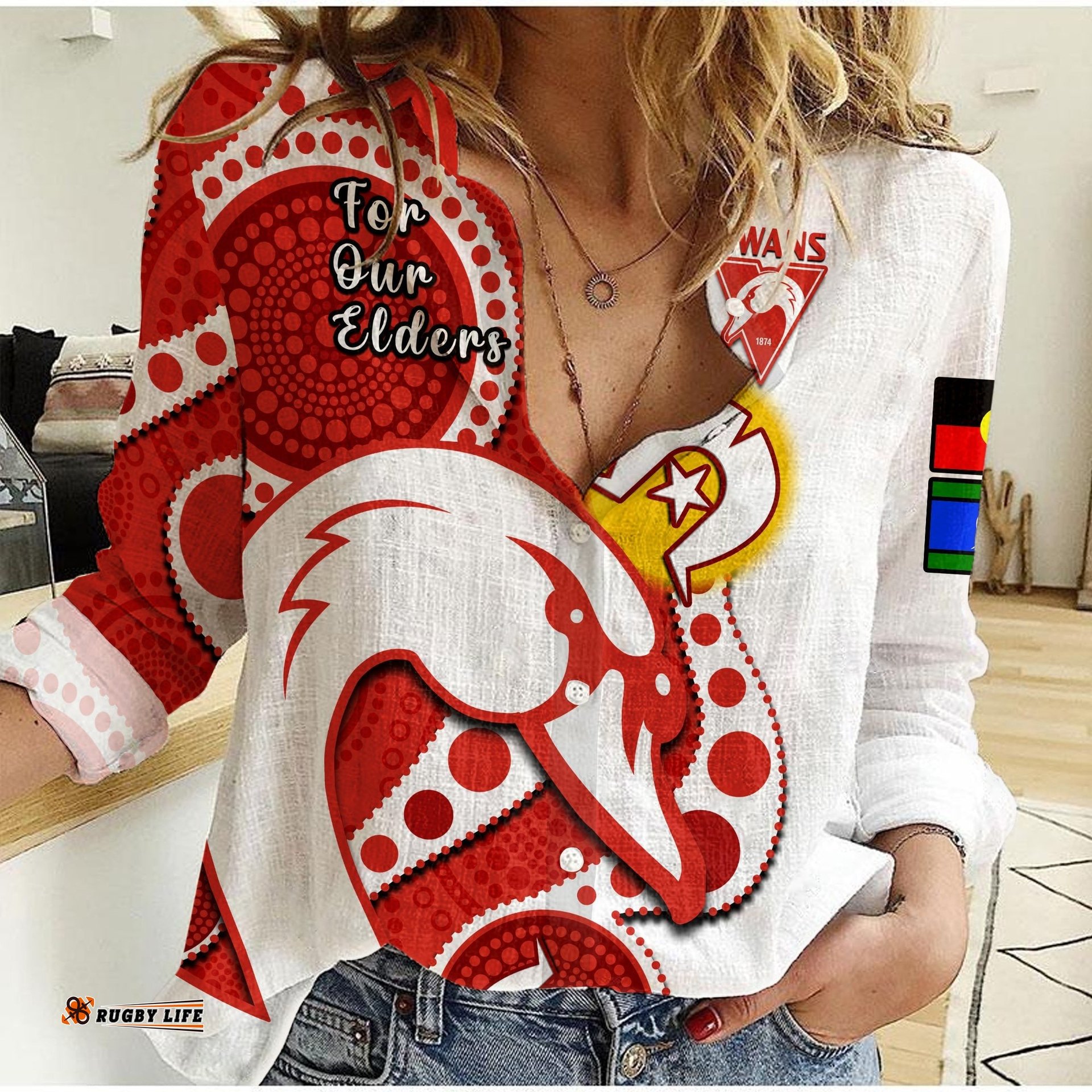 Custom Text And Number Swans Football NAIDOC 2023 Women Casual Shirt Sydney For Our Elders Indigenous Art
