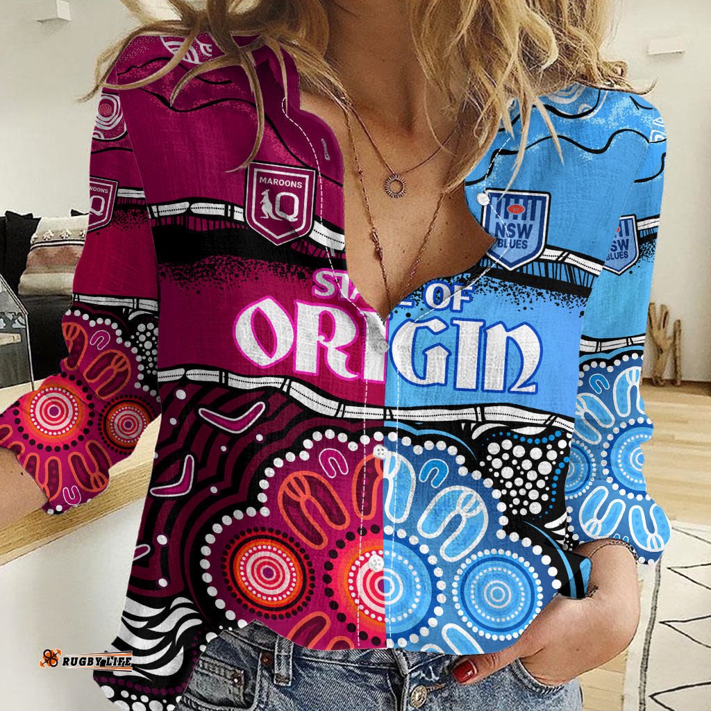 Custom Text And Number NSW Combine QLD State of Origin Women Casual Shirt New South Wales and Queensland Aboriginal