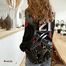 Custom Text And Number ANZAC Collingwood Football Women Casual Shirt Proud To Be Magpies Poppy Flowers and Aboriginal Version