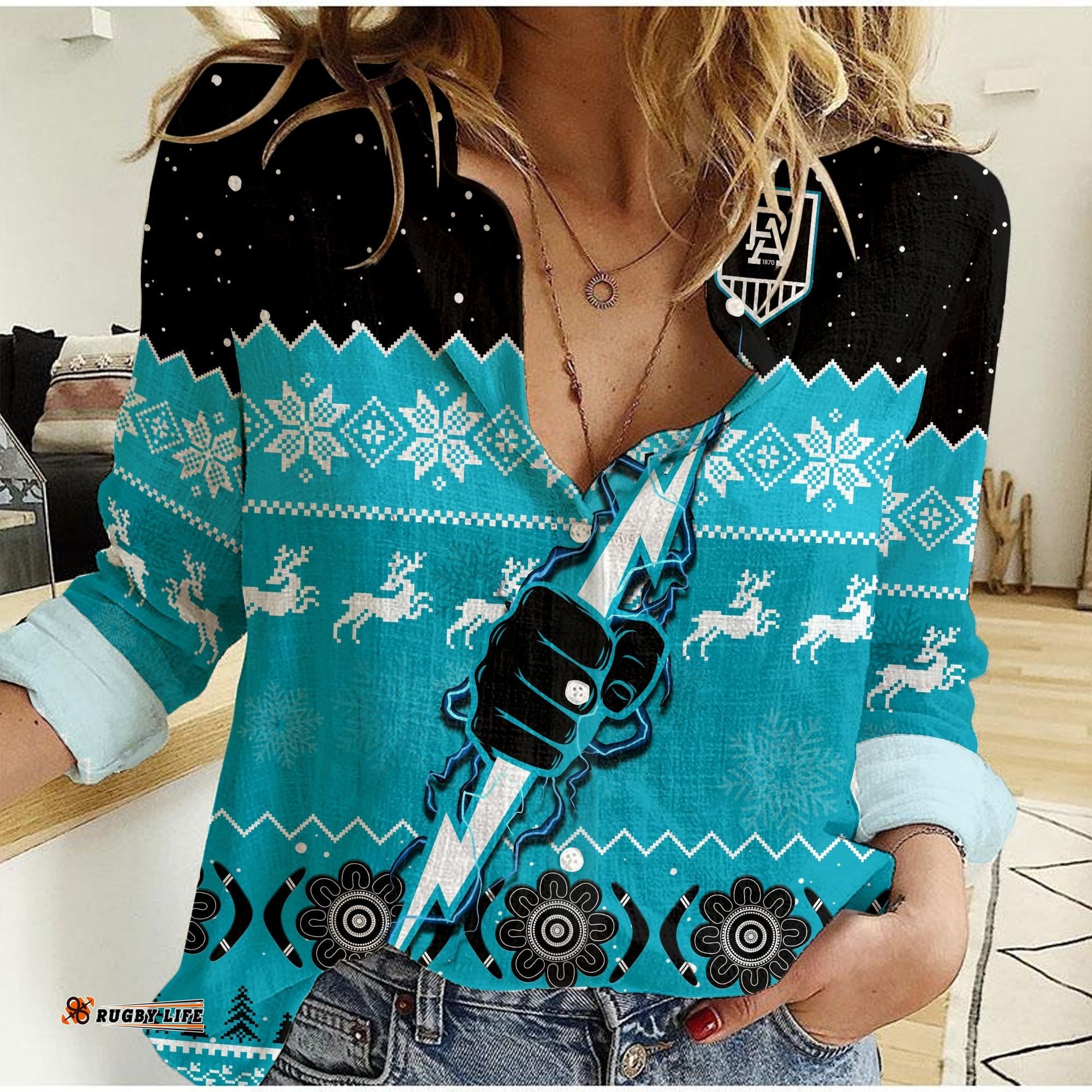 Port Adelaide Football Women Casual Shirt Magentas Indigenous Merry Christmas