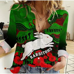 Custom Text And Number Rabbitohs Rugby ANZAC Women Casual Shirt South Sydney Camouflage Poppy Aboriginal