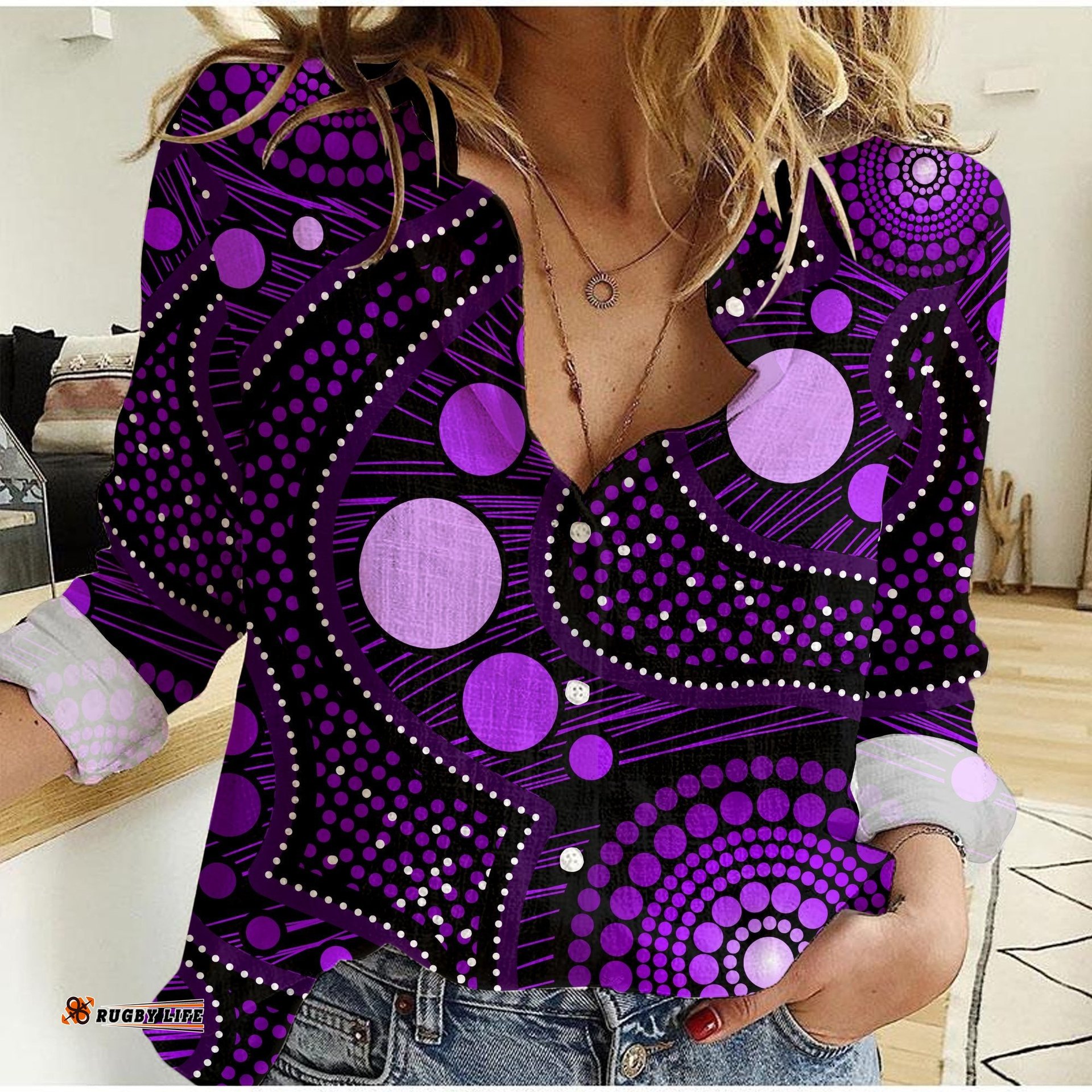 Custom Text and Number Women Casual Shirt Aboriginal Art Ver.05