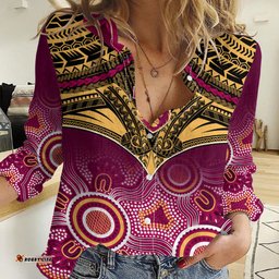 Personalised Brisbane Football Women Casual Shirt Go Lions Aboriginal Mix Polynesian Pattern