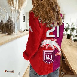 Custom Text And Number NRL Dolphins Combine Queensland Origin Women Casual Shirt Sporty Style 2023