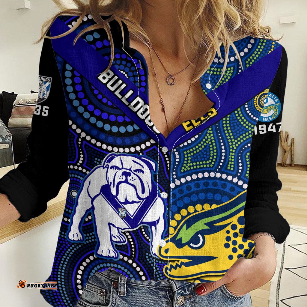 Personalised Bulldogs Mix Parramatta Eels Rugby Women Casual Shirt Aboriginal Version