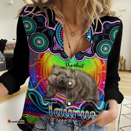 Personalised Australia Taurus Wombat Zodiac Women Casual Shirt Auz Astrology Aboriginal - Rainbow