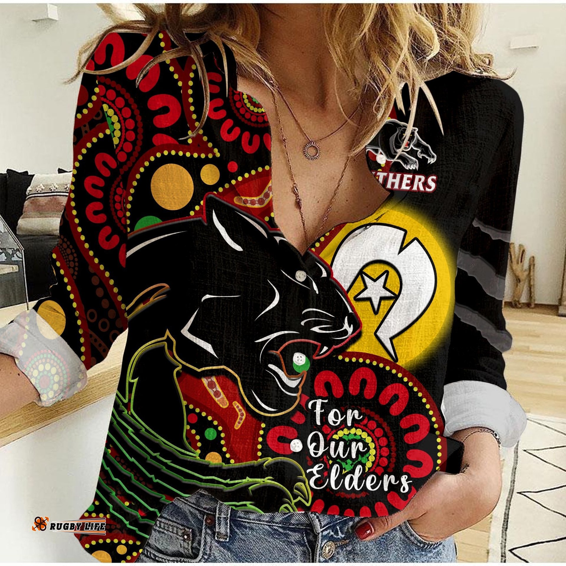 Panthers Rugby NAIDOC 2023 Women Casual Shirt For Our Elders Aboriginal