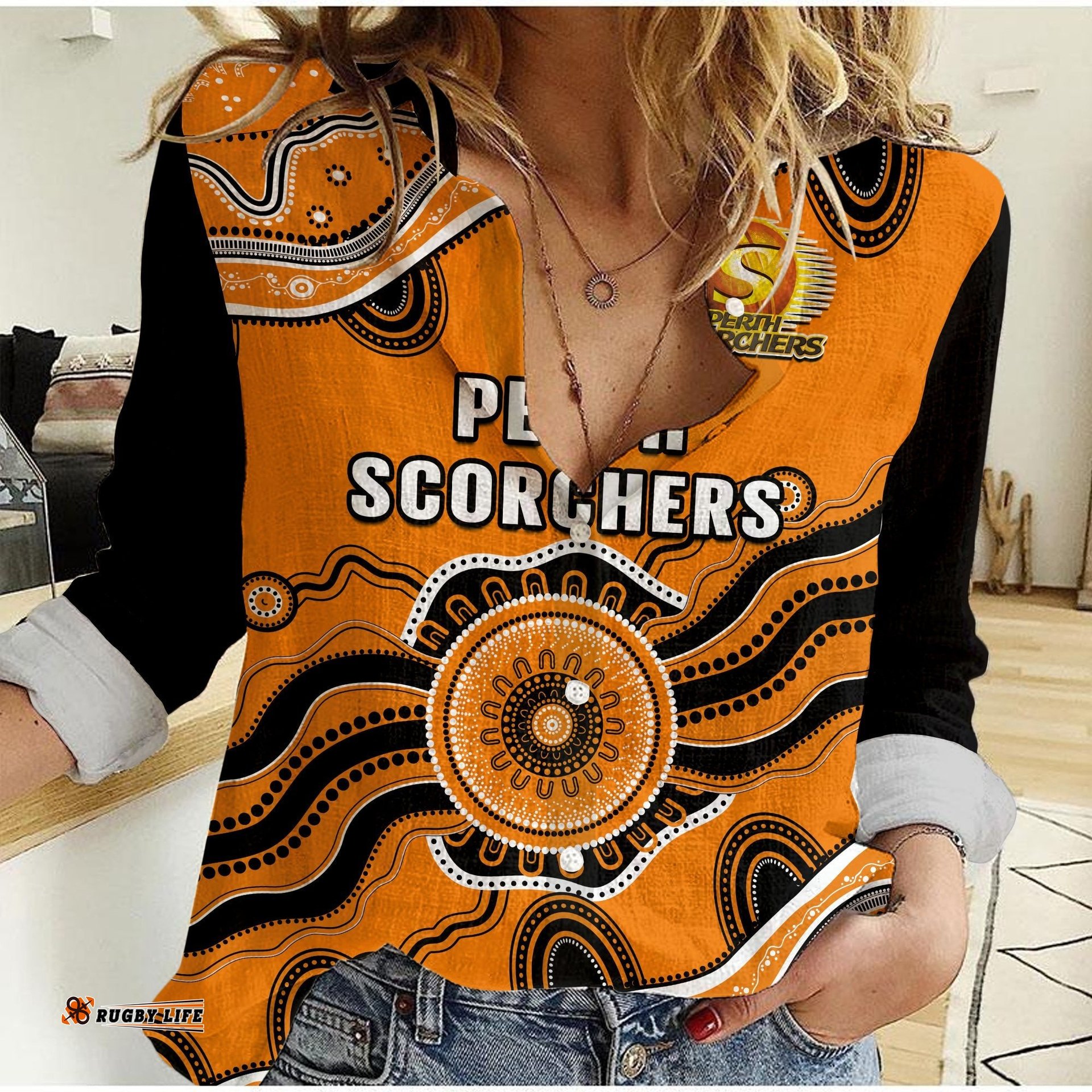 Custom Text And Number Perth Scorchers Cricket Women Casual Shirt Aboriginal Painting