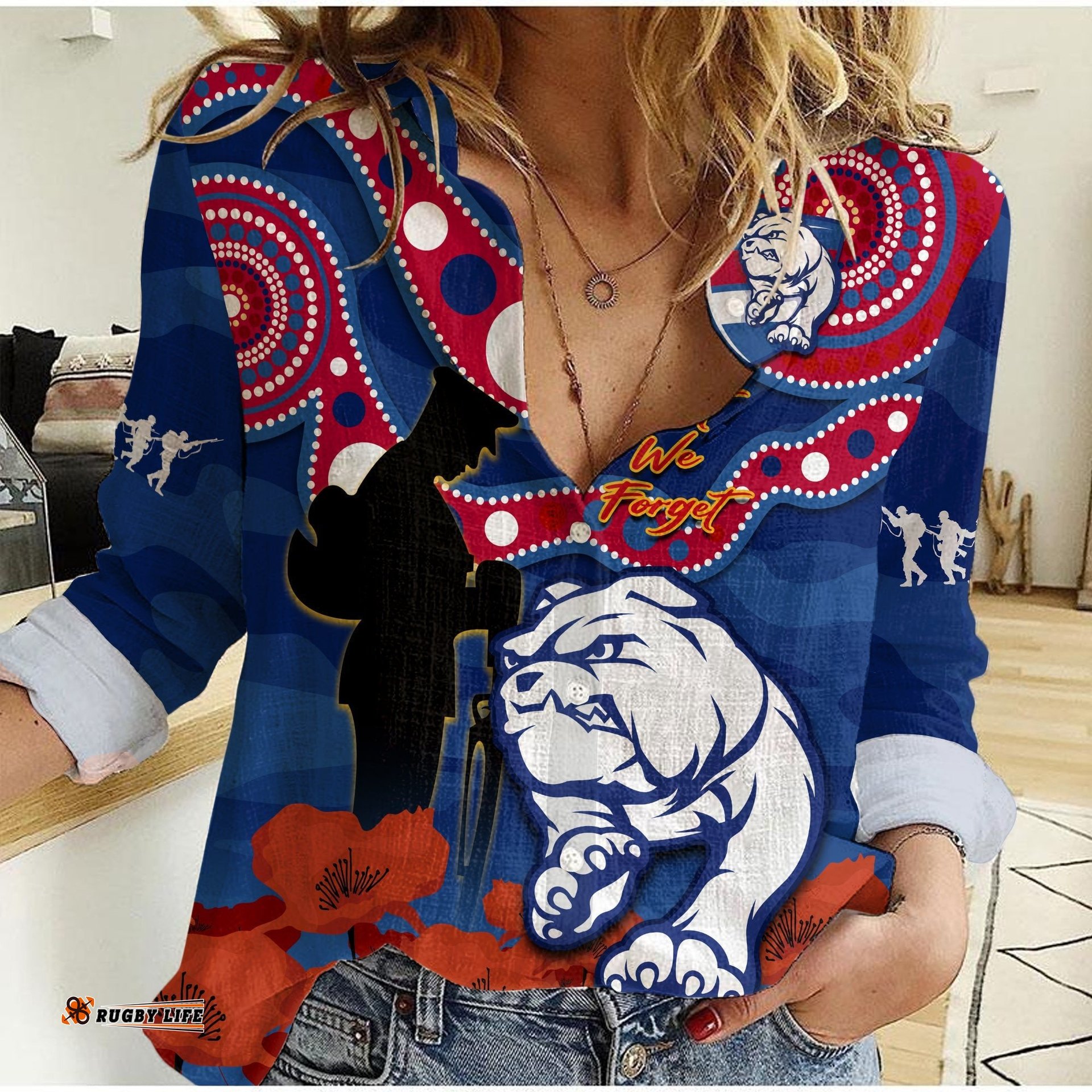 Western Bulldogs Football ANZAC 2023 Women Casual Shirt Doggies Aboriginal Mix Poppy Camouflage