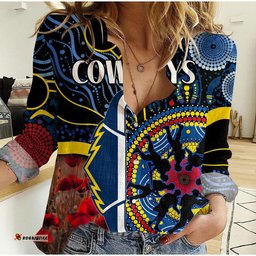 Custom Personalised Cowboys Rugby ANZAC Women Casual Shirt Aboriginal Military and Poppy Flowers