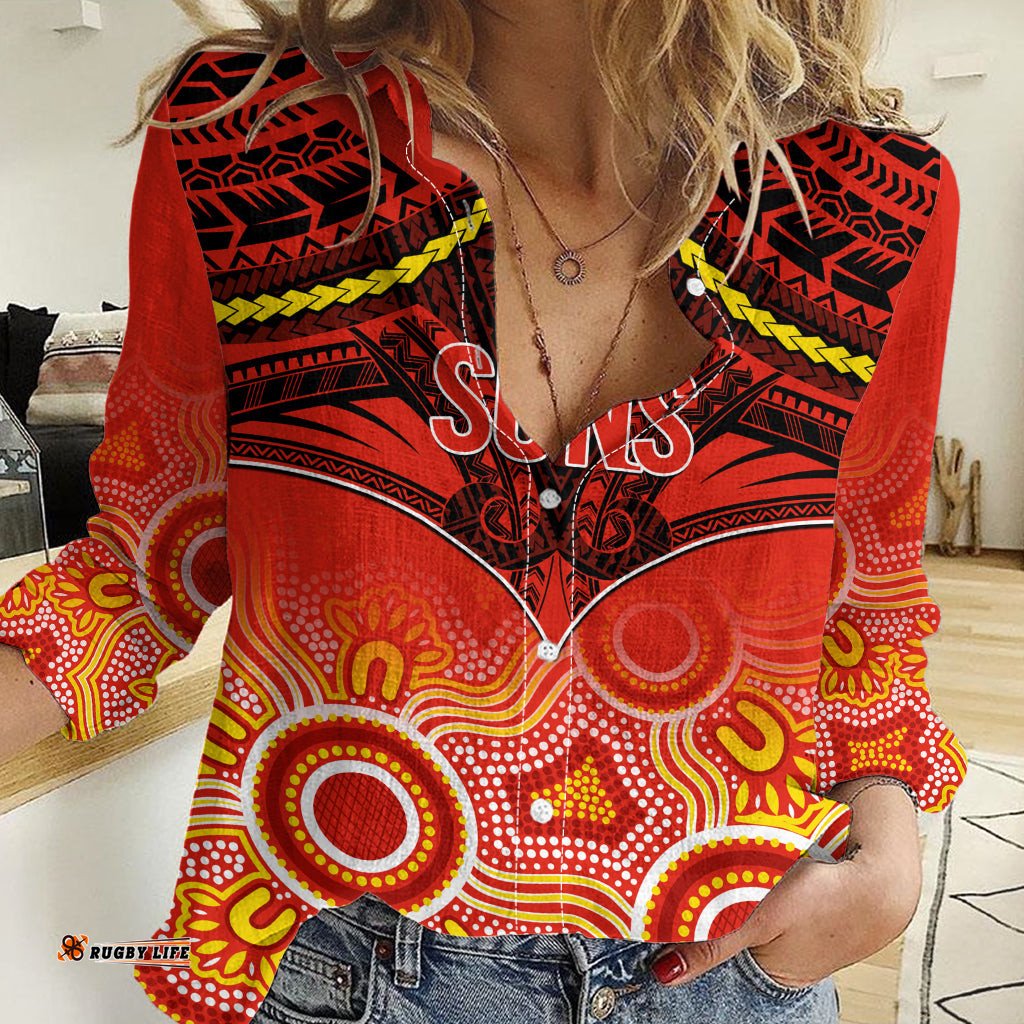 Gold Coast Football Women Casual Shirt Suns Aboriginal Mix Polynesian Pattern