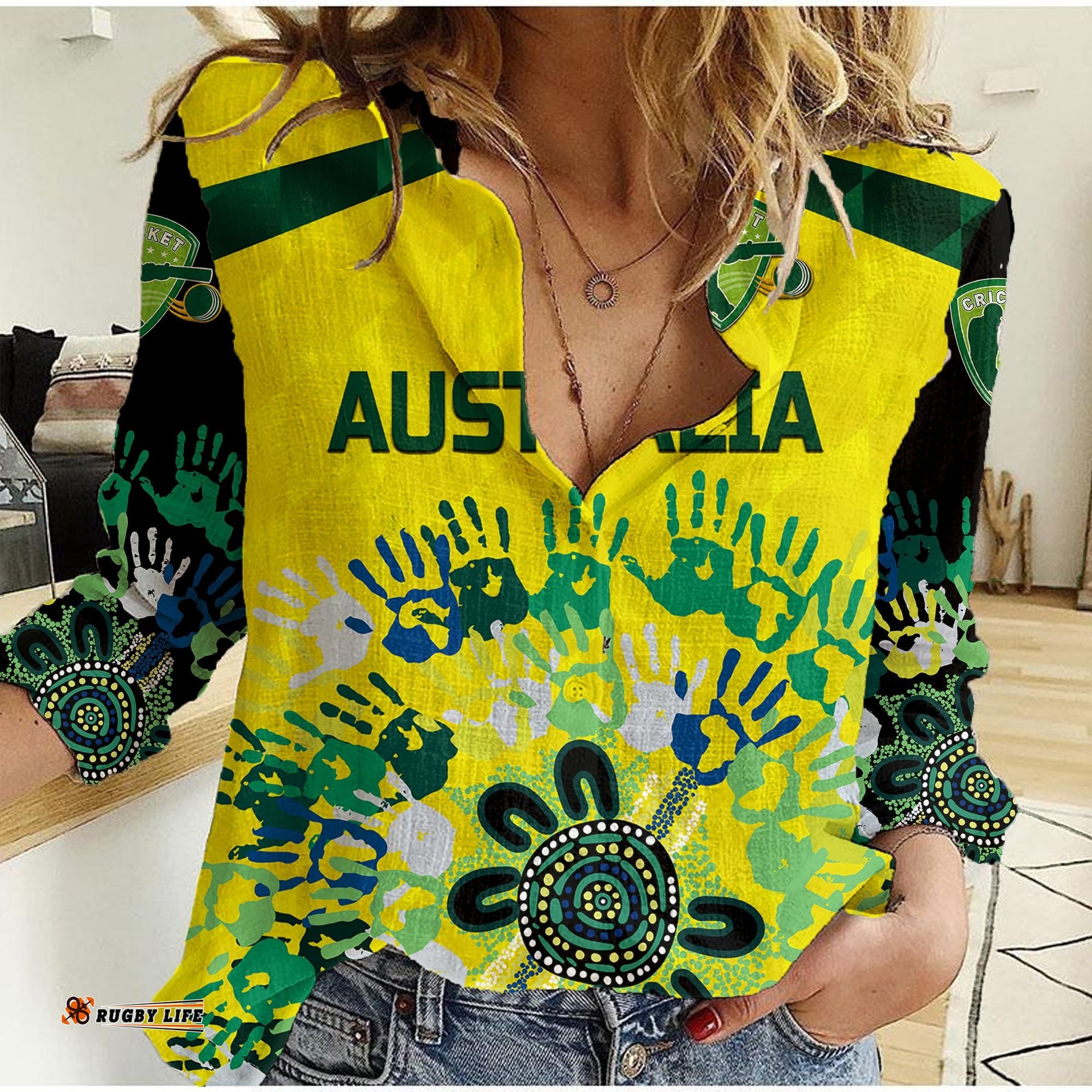 Custom Personalised Australia Cricket Women Casual Shirt Aboriginal Style Unique - Black
