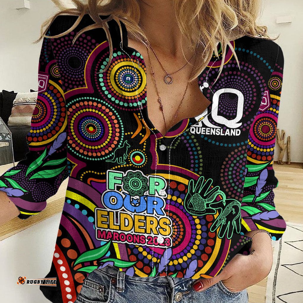 NAIDOC 2023 Maroon Rugby Women Casual Shirt Queensland Indigenous Tribal