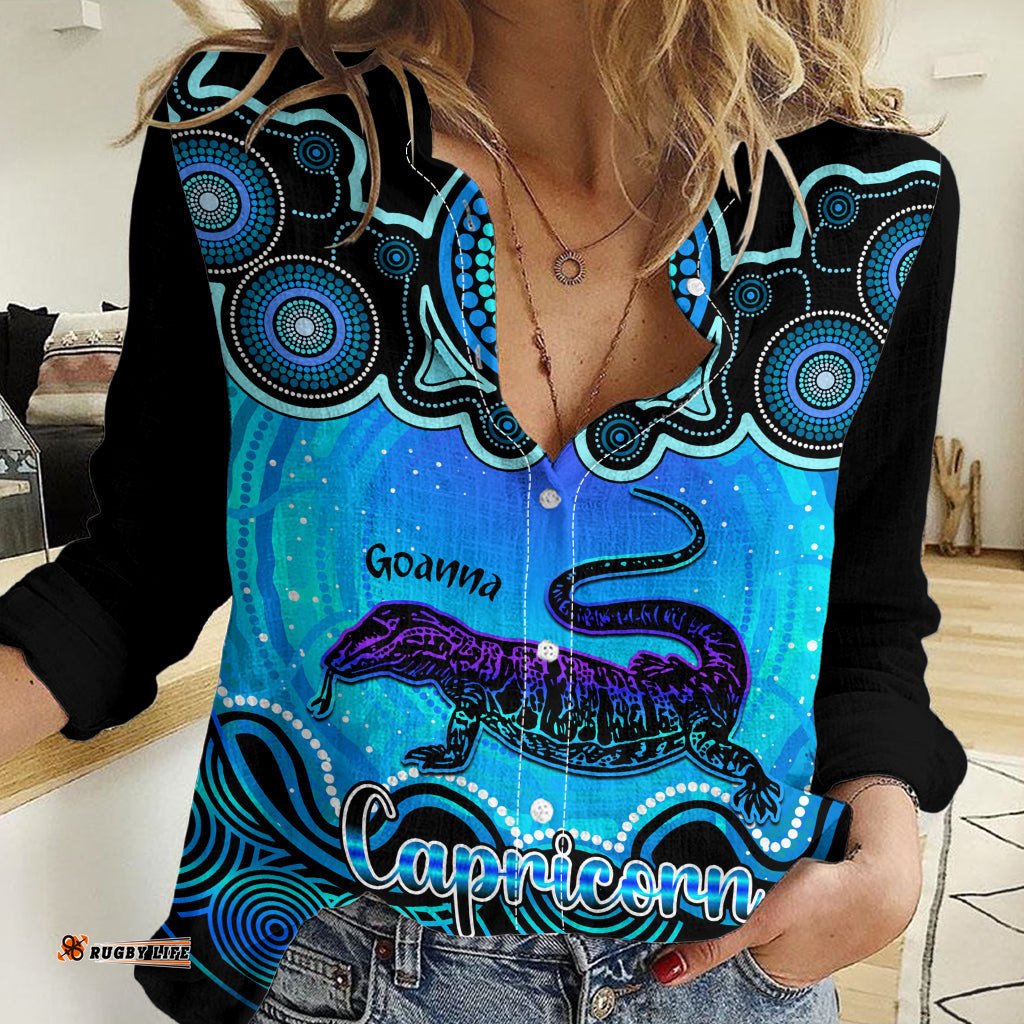 Personalised Australia Capricorn Goanna Zodiac Women Casual Shirt Auz Astrology Aboriginal - Aqua
