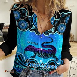 Personalised Australia Capricorn Goanna Zodiac Women Casual Shirt Auz Astrology Aboriginal - Aqua