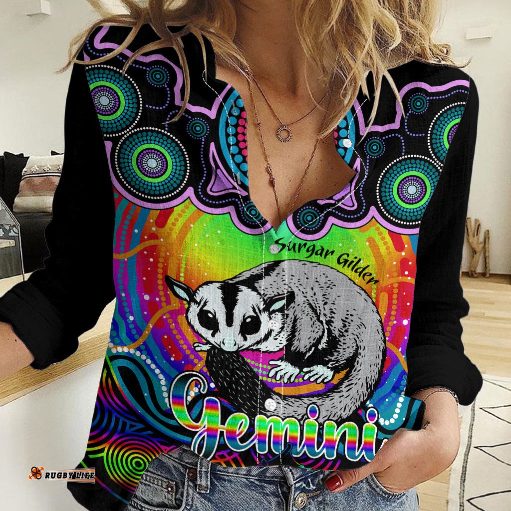 Personalised Australia Gemini Sugar Gilder Zodiac Women Casual Shirt Auz Astrology Aboriginal - Rainbow