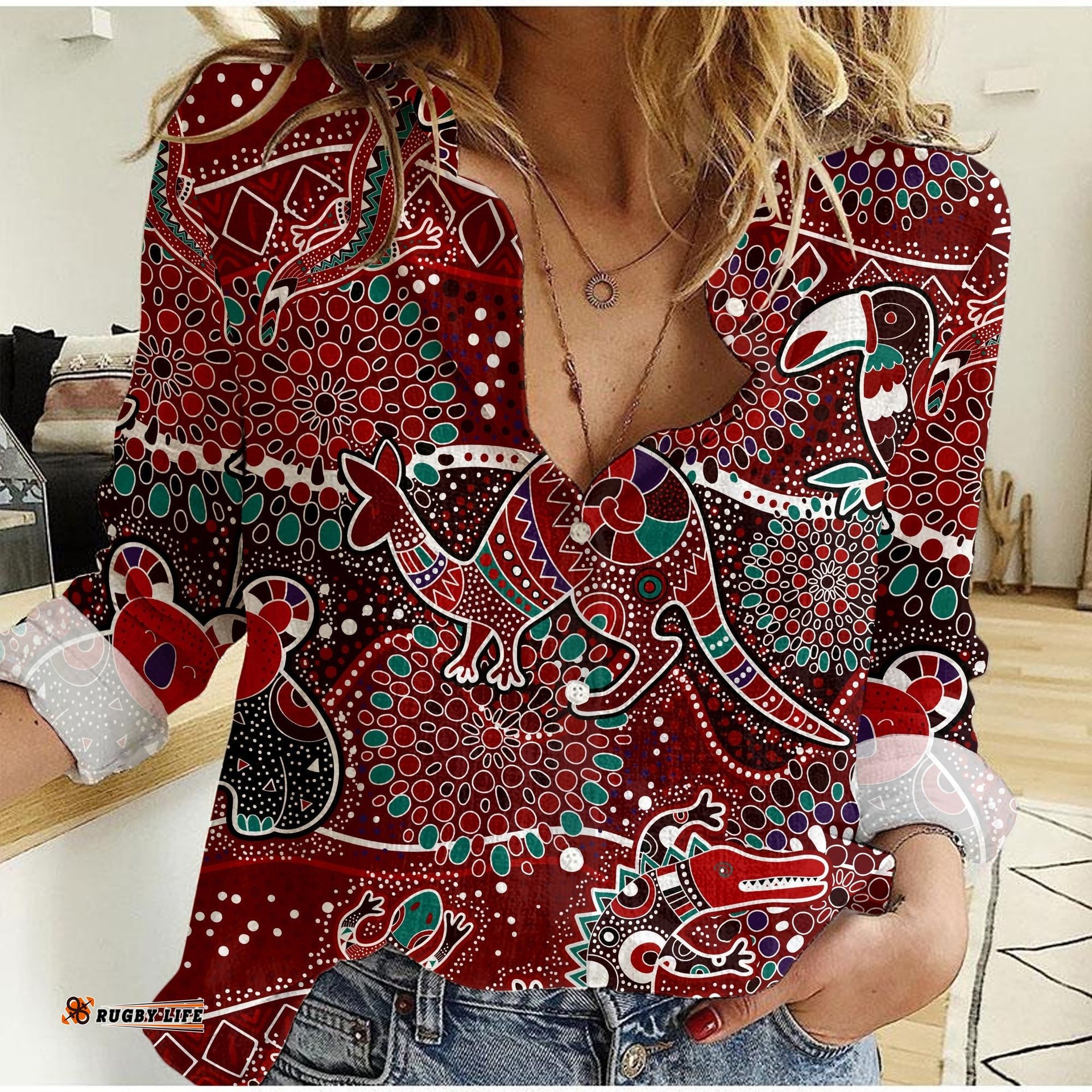 Custom Text and Number Women Casual Shirt Aboriginal Animal and Dot Acrylic Paint Ver.01
