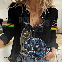 Custom Panthers Premier 2023 Women Casual Shirt Mascot with NRL Trophy Black Version