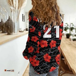Custom Text And Number Panthers Rugby Women Casual Shirt Polynesian Style With Hibiscus