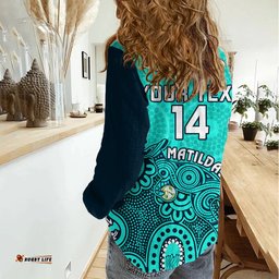 Personalised Australia Soccer Women Casual Shirt Aboriginal Turquoise 2023 World Cup With Kangaroo