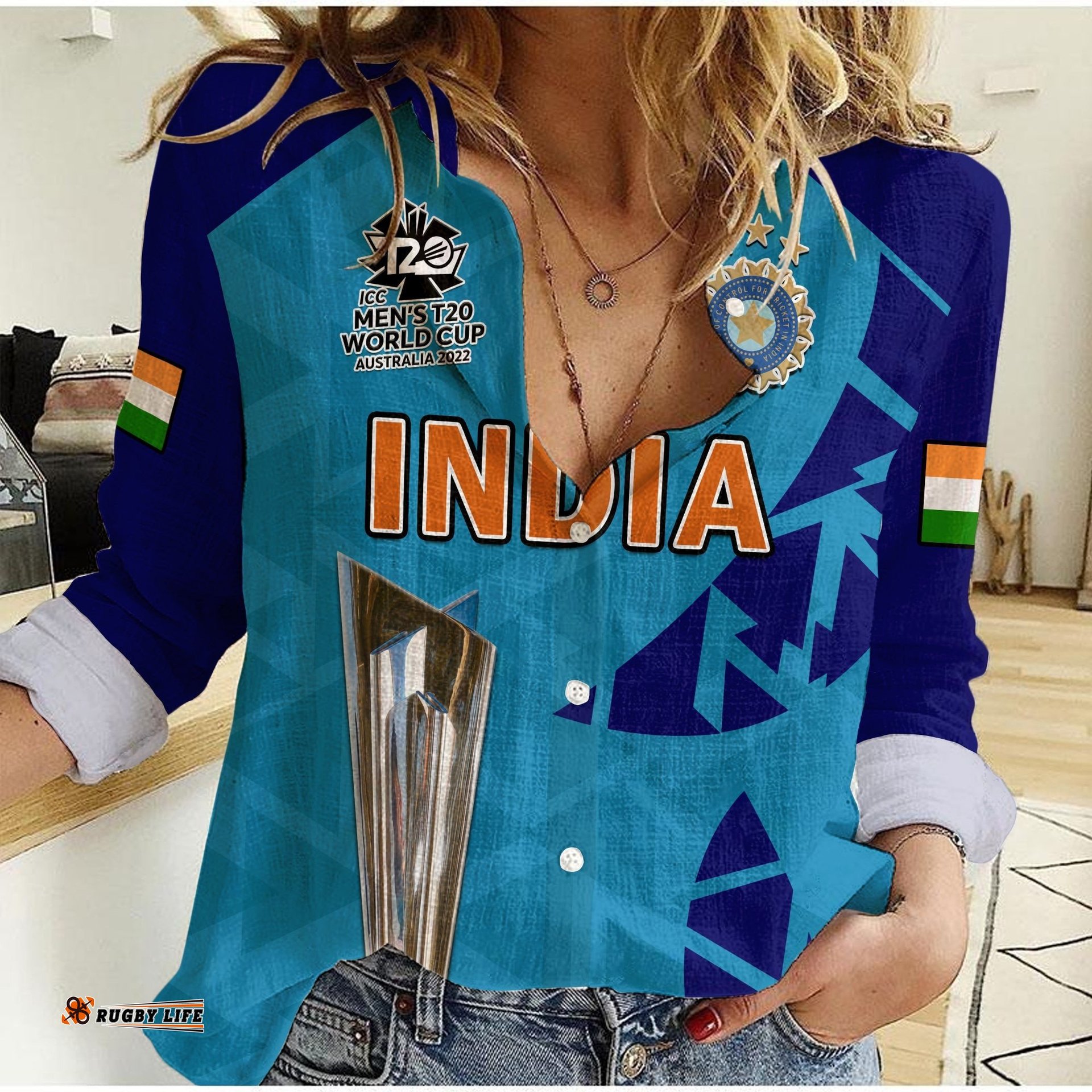 India Cricket Women Casual Shirt Men In Blue Champions Mens T20 WC 2022