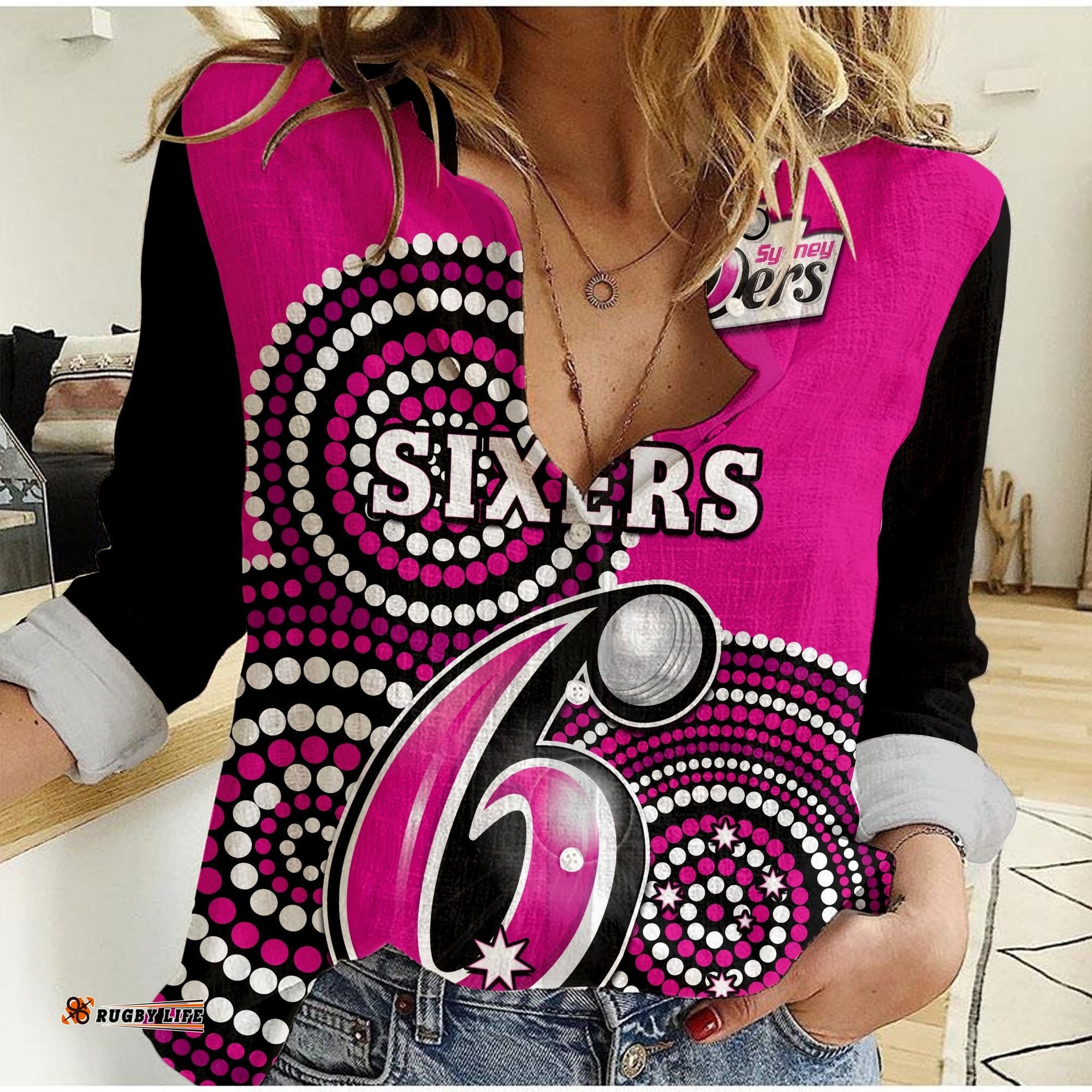 Sydney Sixers Cricket Women Casual Shirt Champions BBL12 Proud Indigenous Art