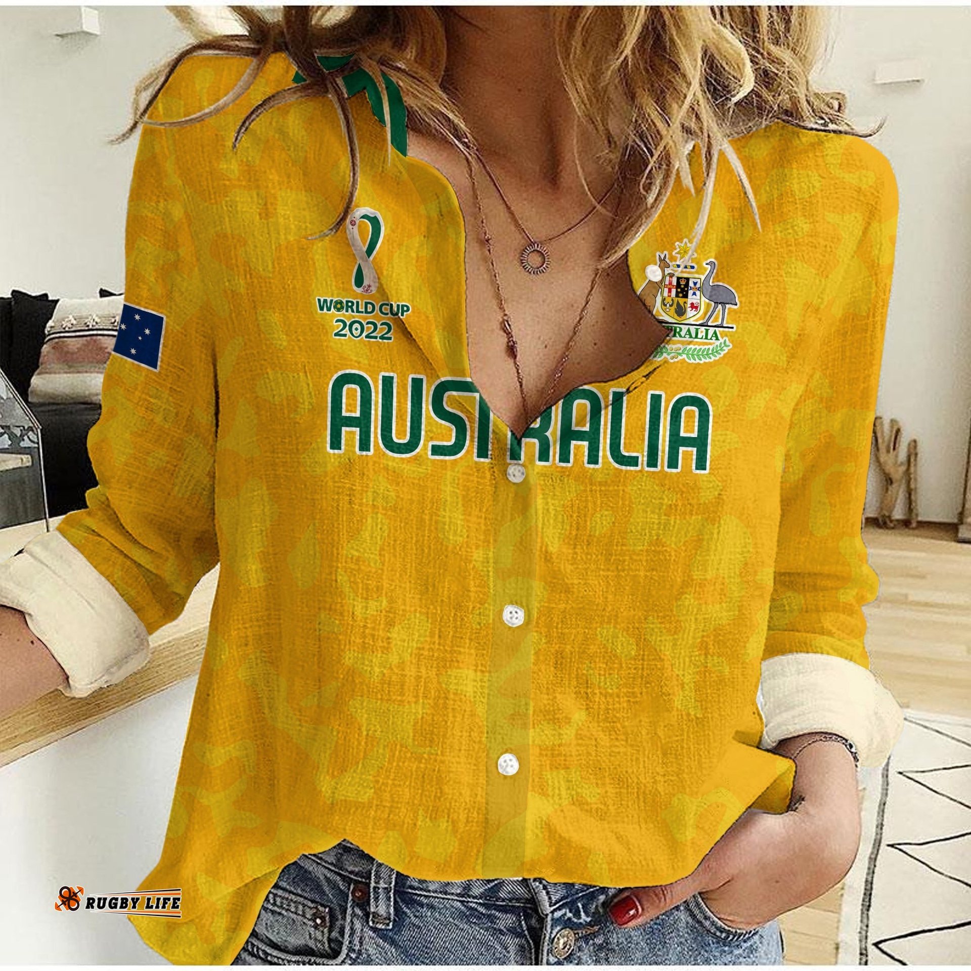 Custom Text and Number Australia Soccer Women Casual Shirt World Cup Football 2022 Socceroos with Kangaroos