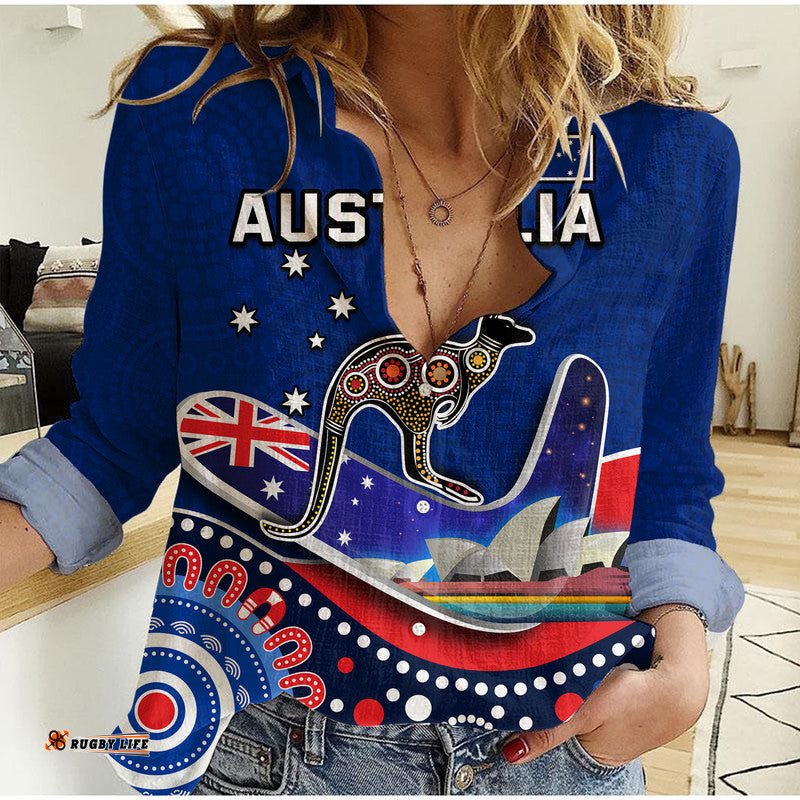 Custom Personalised Australia Day Women Casual Shirt Indigenous Kangaroo And Boomerang