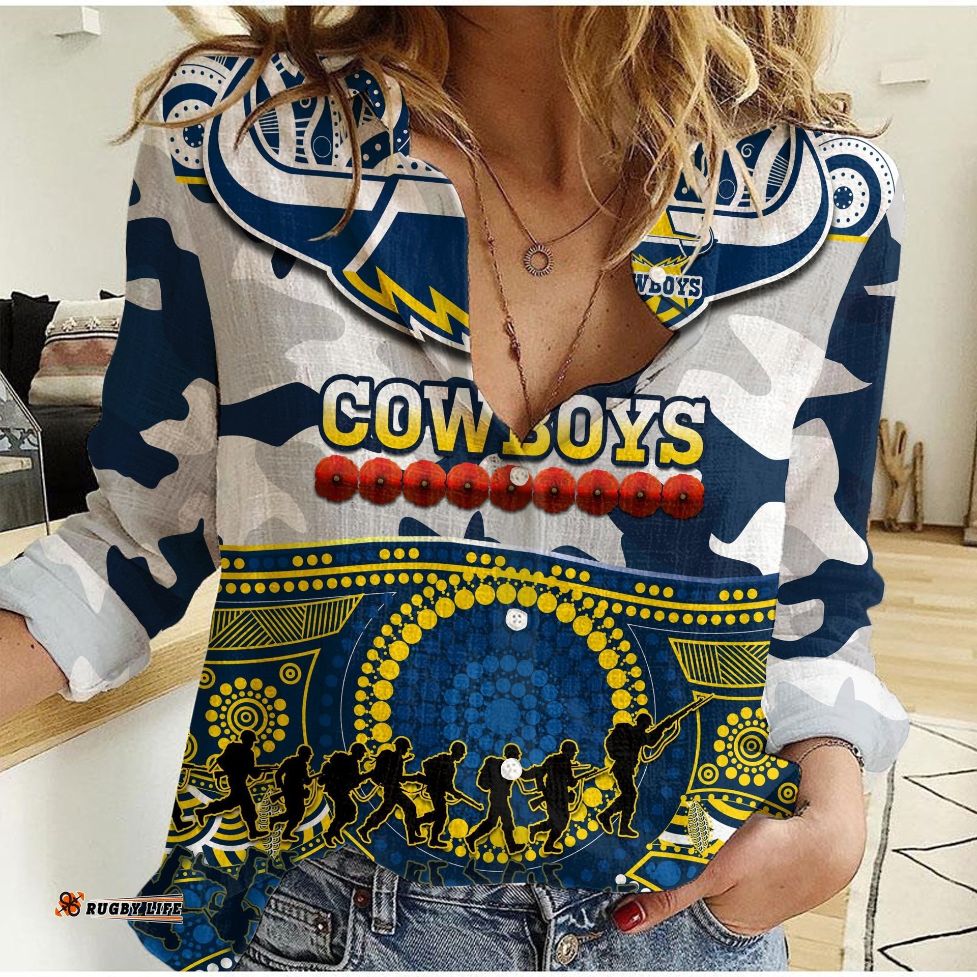 Cowboys Rugby ANZAC Women Casual Shirt Indigenous Poppy Mix Camouflage
