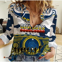 Cowboys Rugby ANZAC Women Casual Shirt Indigenous Poppy Mix Camouflage