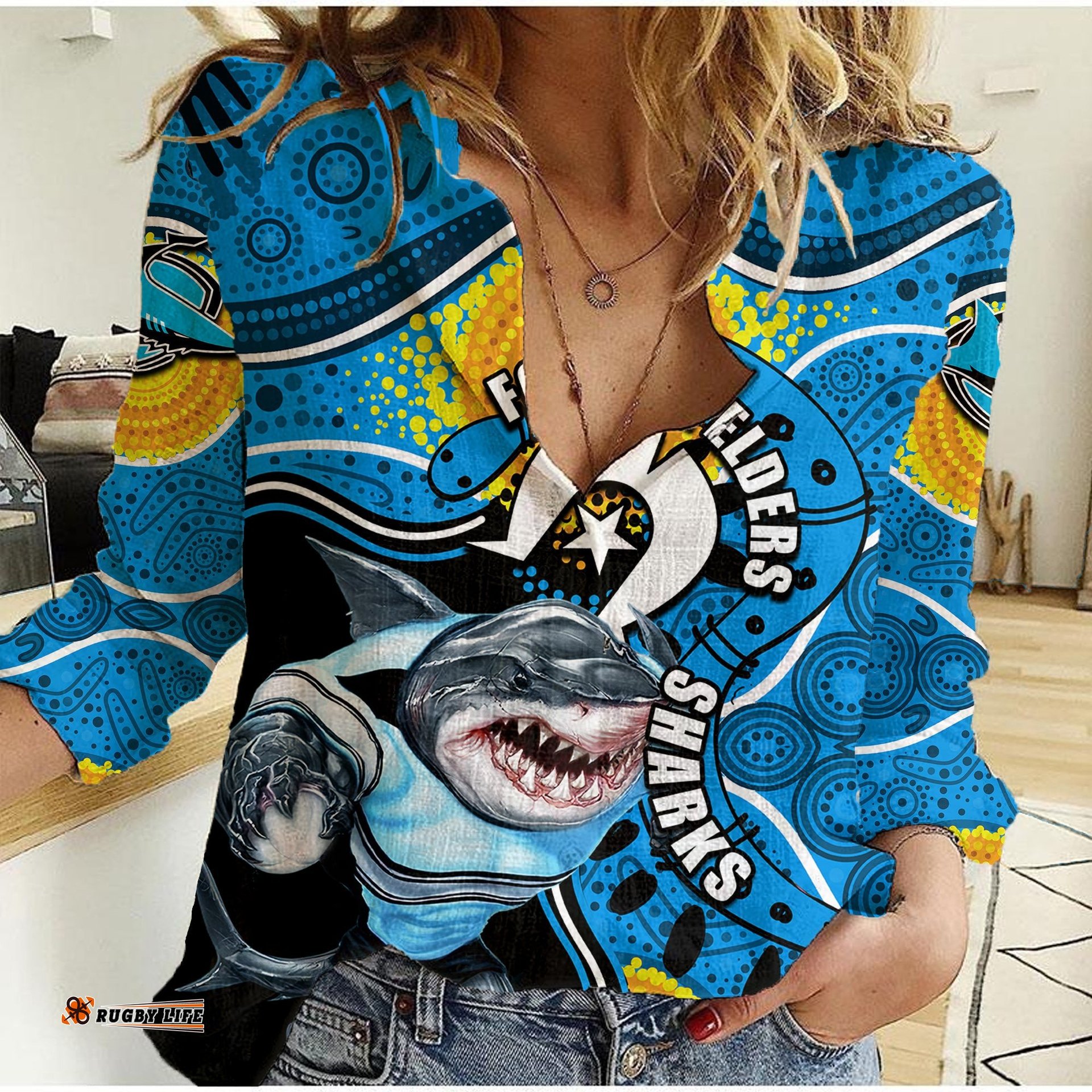 Sharks Mascot NRL Women Casual Shirt NAIDOC