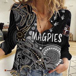 Personalised NAIDOC Week 2023 AFL Magpies Women Casual Shirt Aboriginal Dot Art Lizard Mix Boomerang