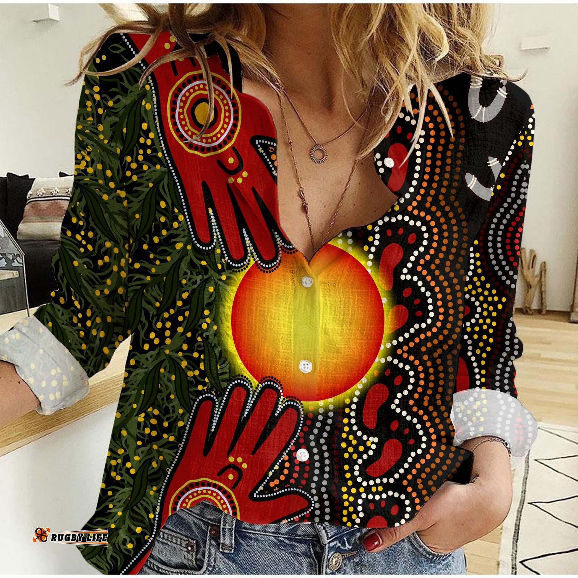 Custom Text and Number Aboriginal Dot Painting Women Casual Shirt Go To Touch The Sun