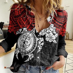Custom Dragons Rugby Women Casual Shirt Red V Hibiscus and Turtle With Polynesian Pattern