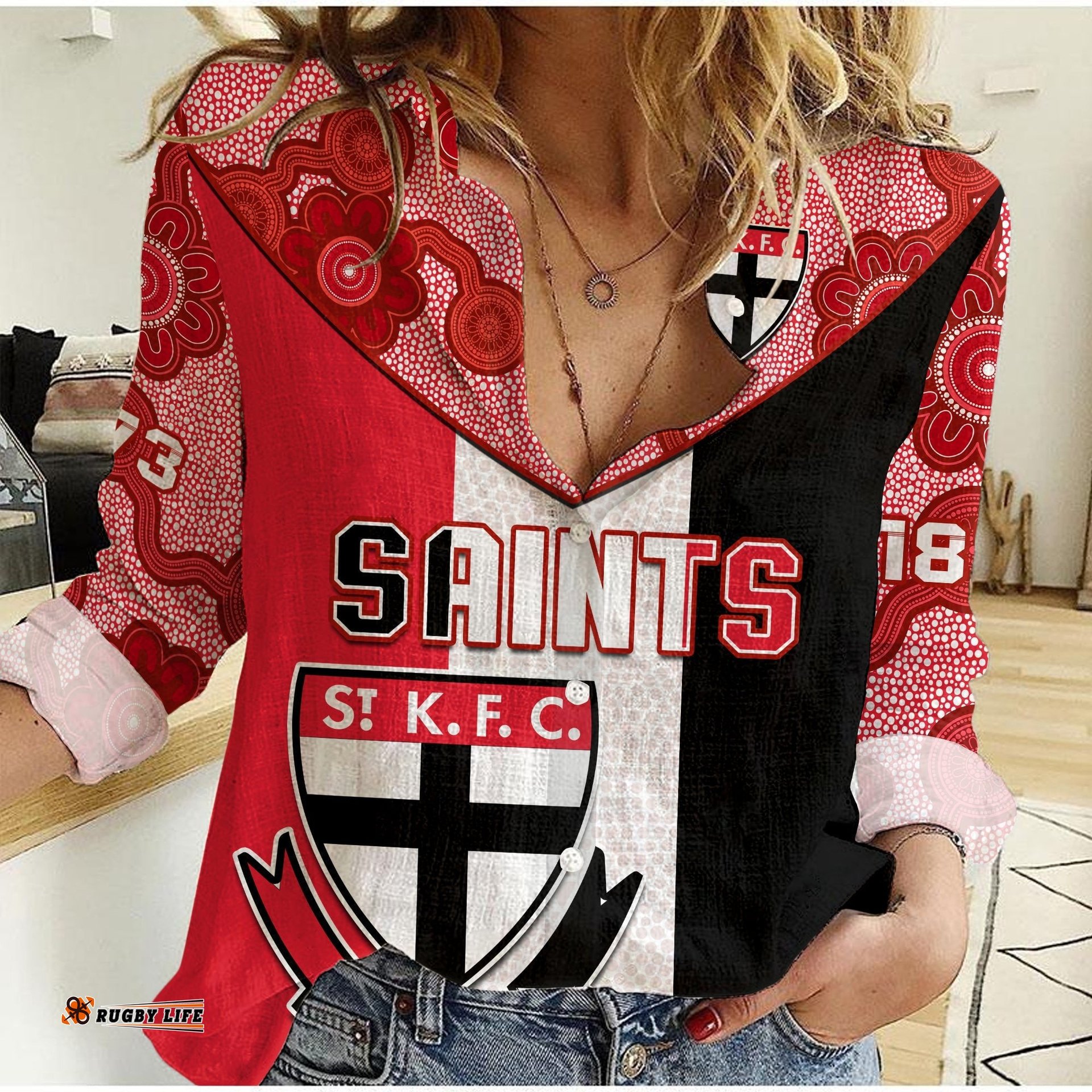 Custom Text And Number Saints Football Women Casual Shirt St Kilda 1873 Aboriginal Dot Painting
