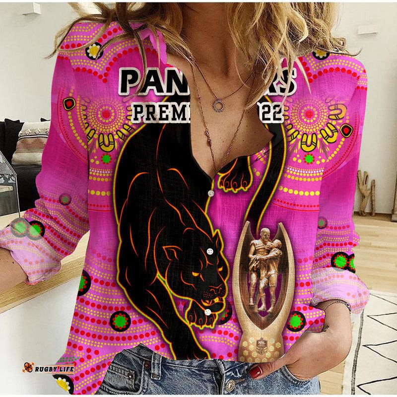 Custom Personalised Penrith Panthers Rugby Women Casual Shirt Pink Crouching Panther Premiers 2022