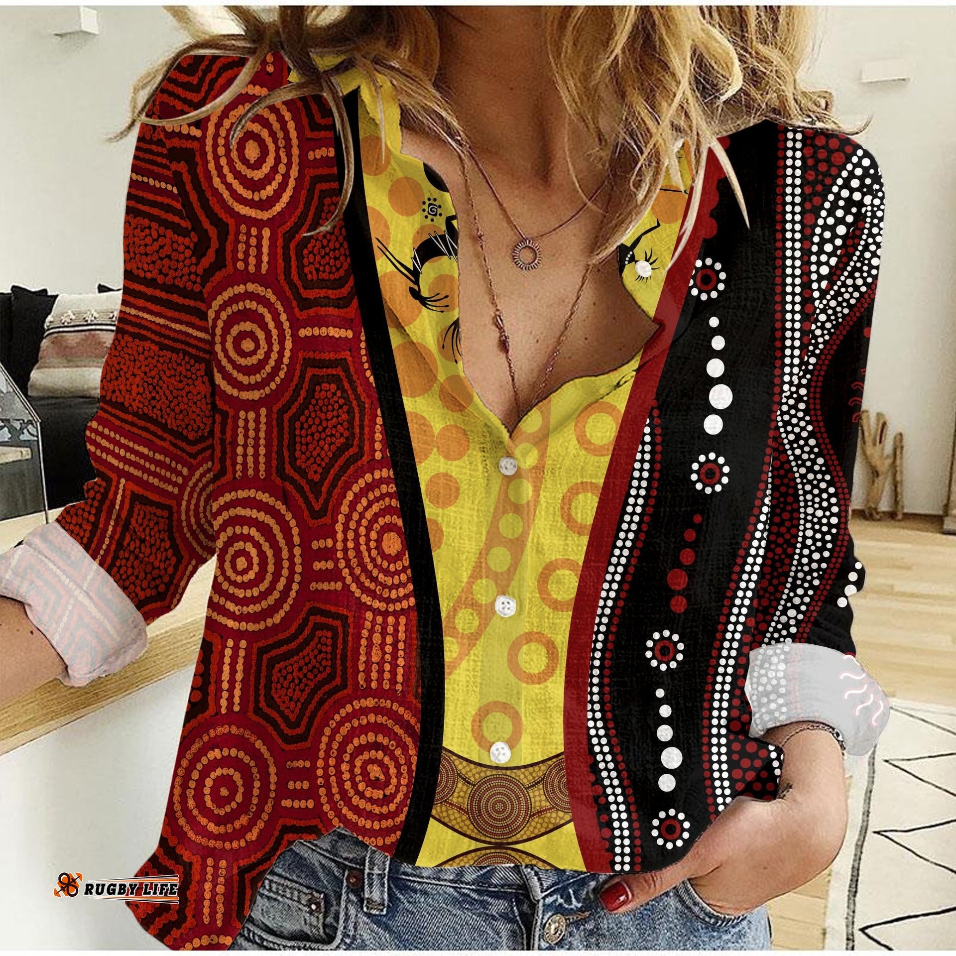 Aboriginal Koori Dot Acrylic Paint and Dreamtime Dance Women Casual Shirt