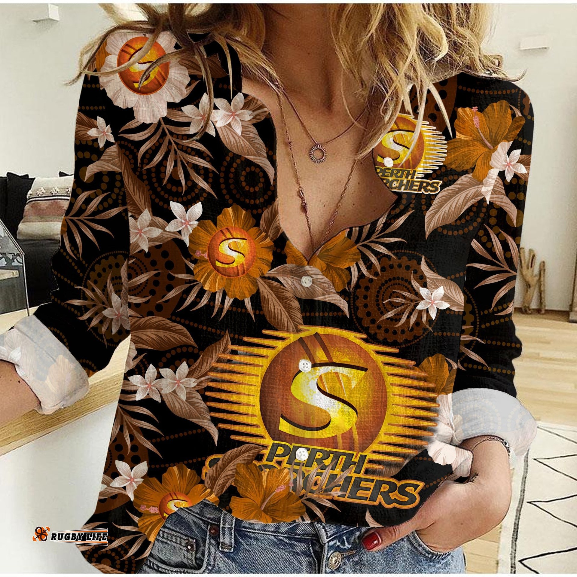 Custom Text And Number Perth Scorchers Cricket Women Casual Shirt Aboriginal Art Mix Tropical Flowers
