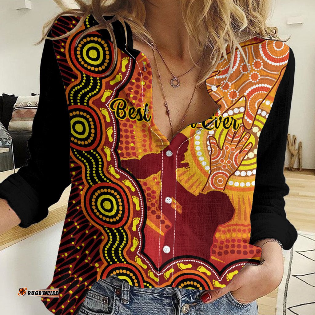 Australia Father Day Women Casual Shirt Aussie Best Dad Ever Indigenous Hand Art
