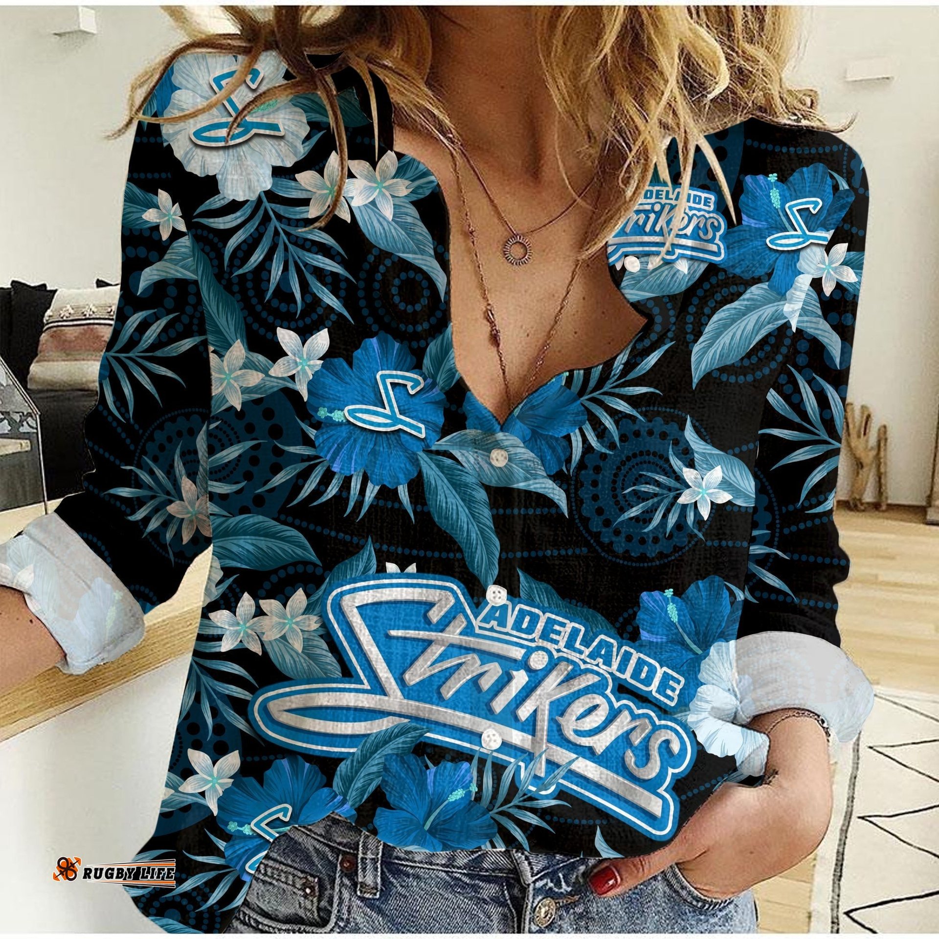 Custom Text And Number Adelaide Strikers Cricket Women Casual Shirt Aboriginal Art Mix Tropical Flowers
