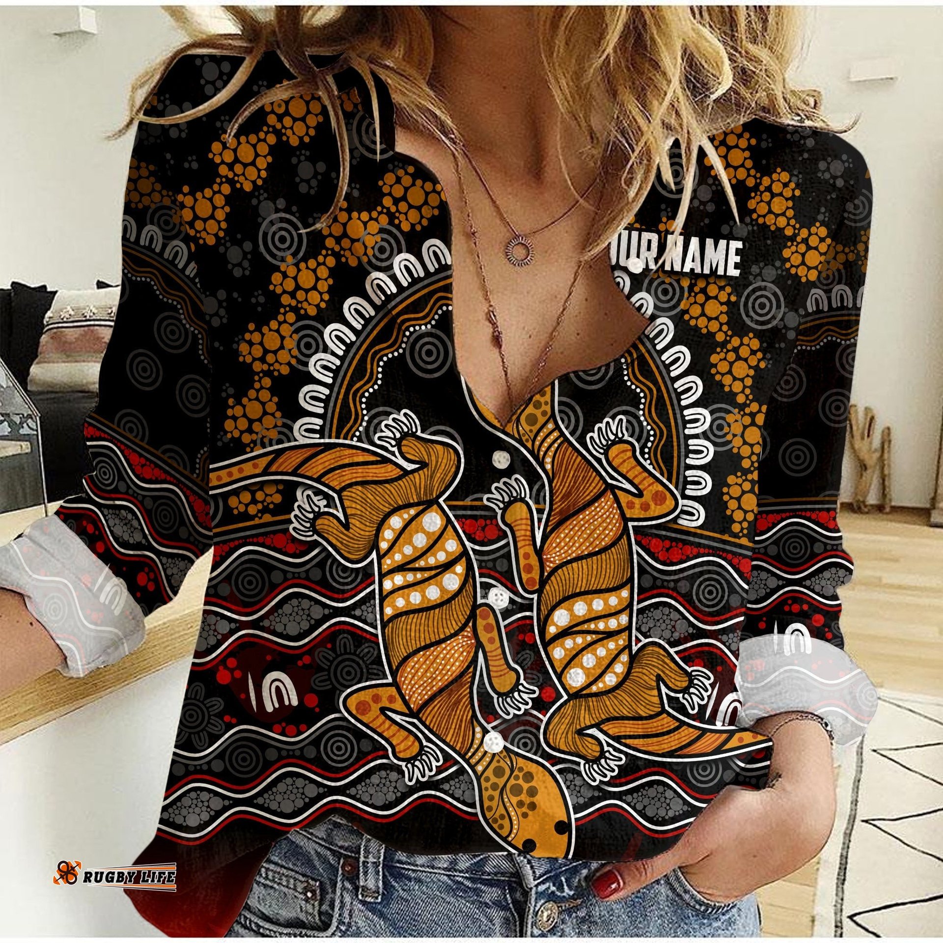 Custom Personalised Australia Valentine Women Casual Shirt Aboriginal Couple Lizards MY LOVE