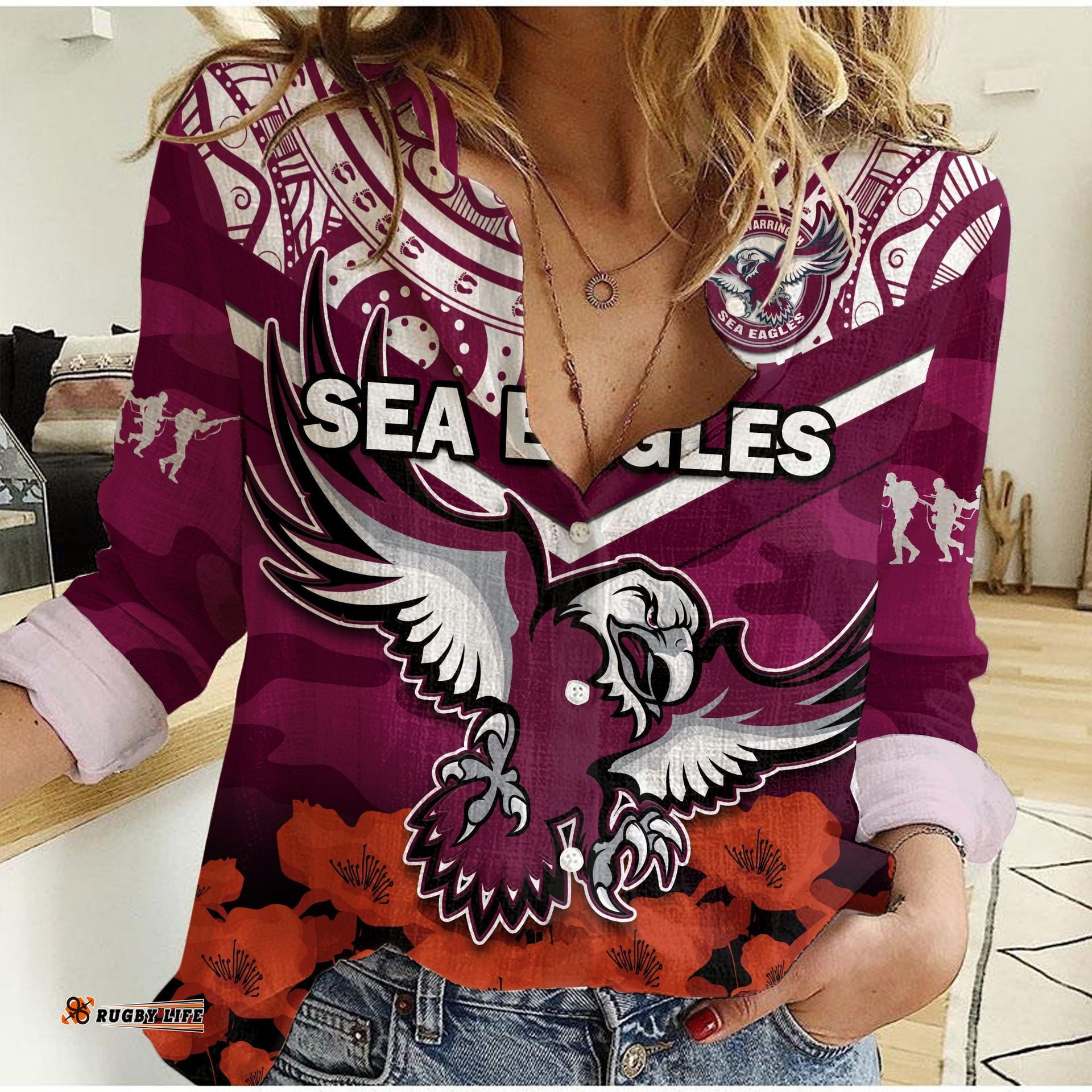 Custom Text And Number Sea Eagles Rugby ANZAC 2023 Rugby Women Casual Shirt Camouflage Mix Indigenous