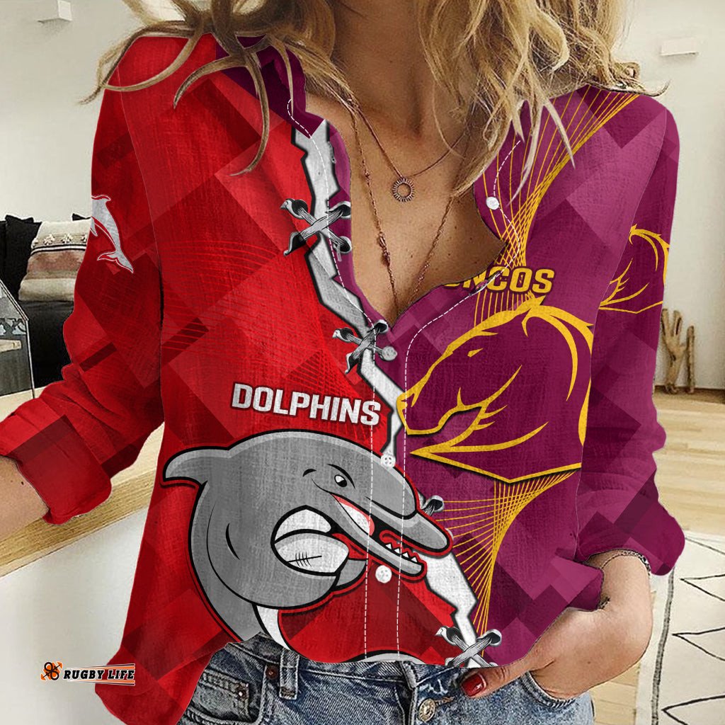 Custom Personalised Broncos Mix Dolphins Rugby Women Casual Shirt Sporty Style
