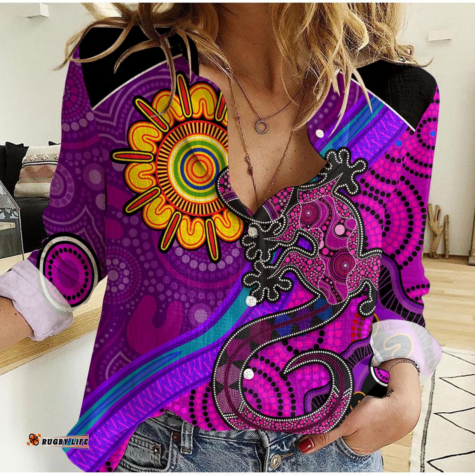 Australia Lizard and Sun Women Casual Shirt Aboriginal Art Purple