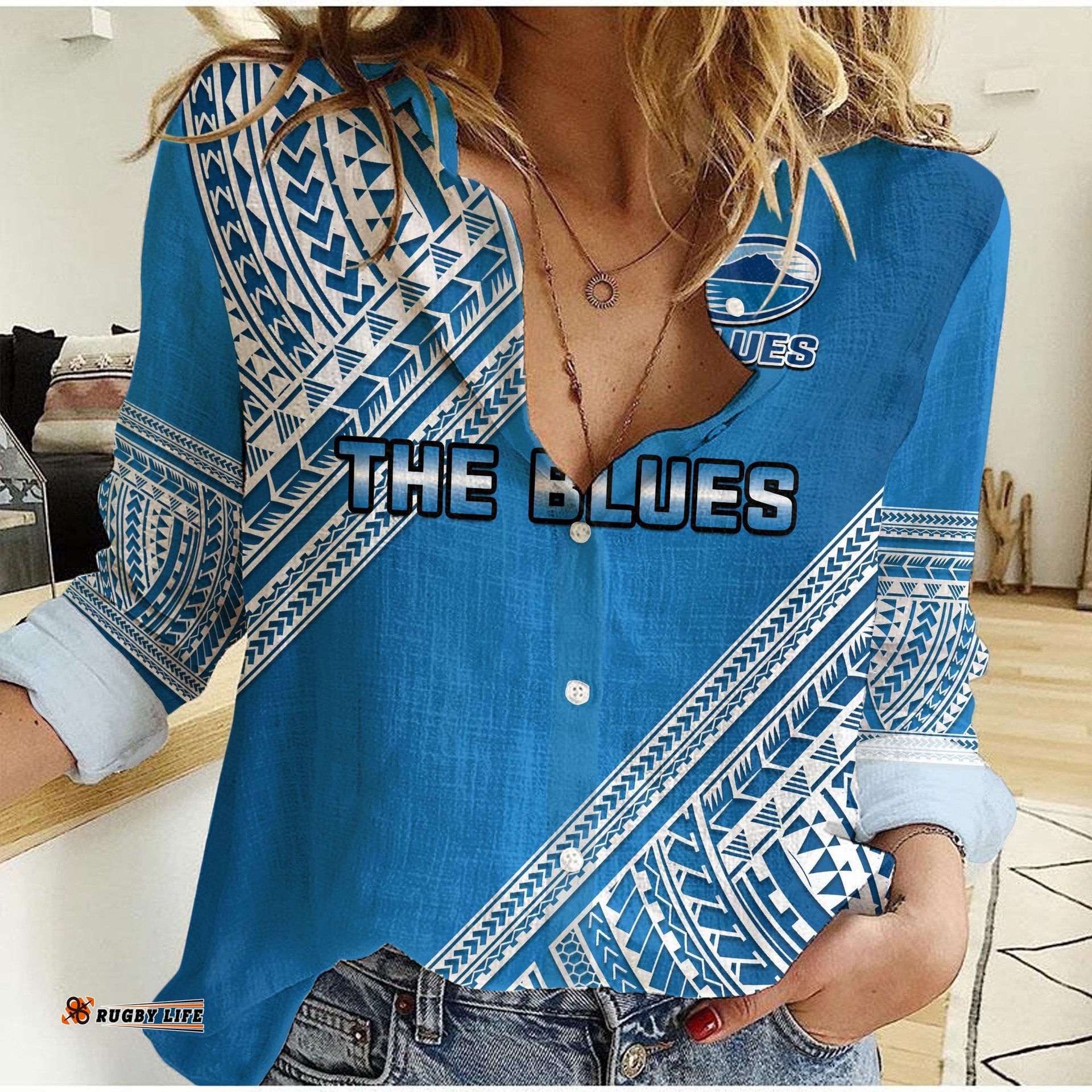 Custom Text And Number Blues Rugby Women Casual Shirt Aotearoa Super Auckland Polynesian Pattern