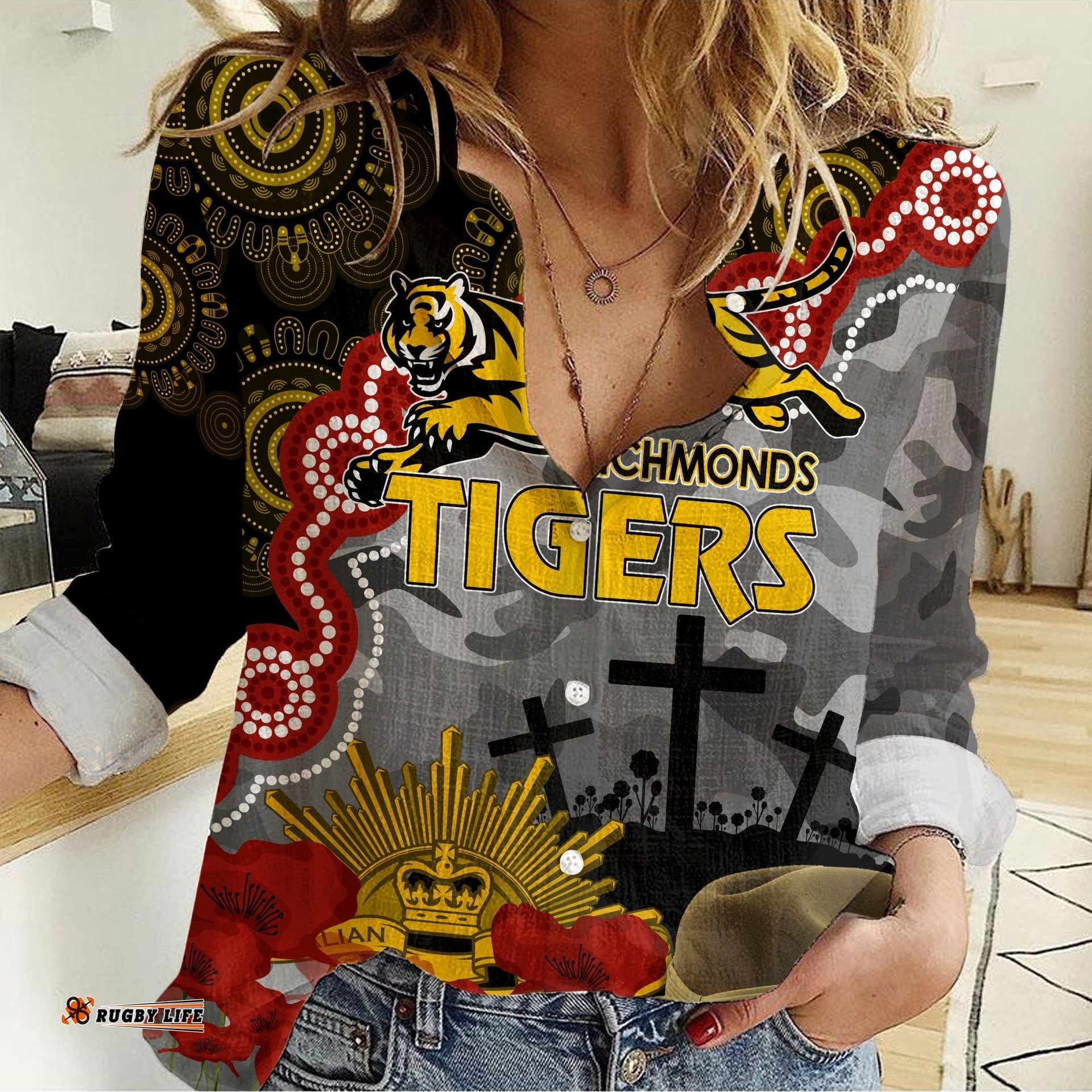 Tigers Football ANZAC 2023 Women Casual Shirt Aboriginal Mix Slouch Hat